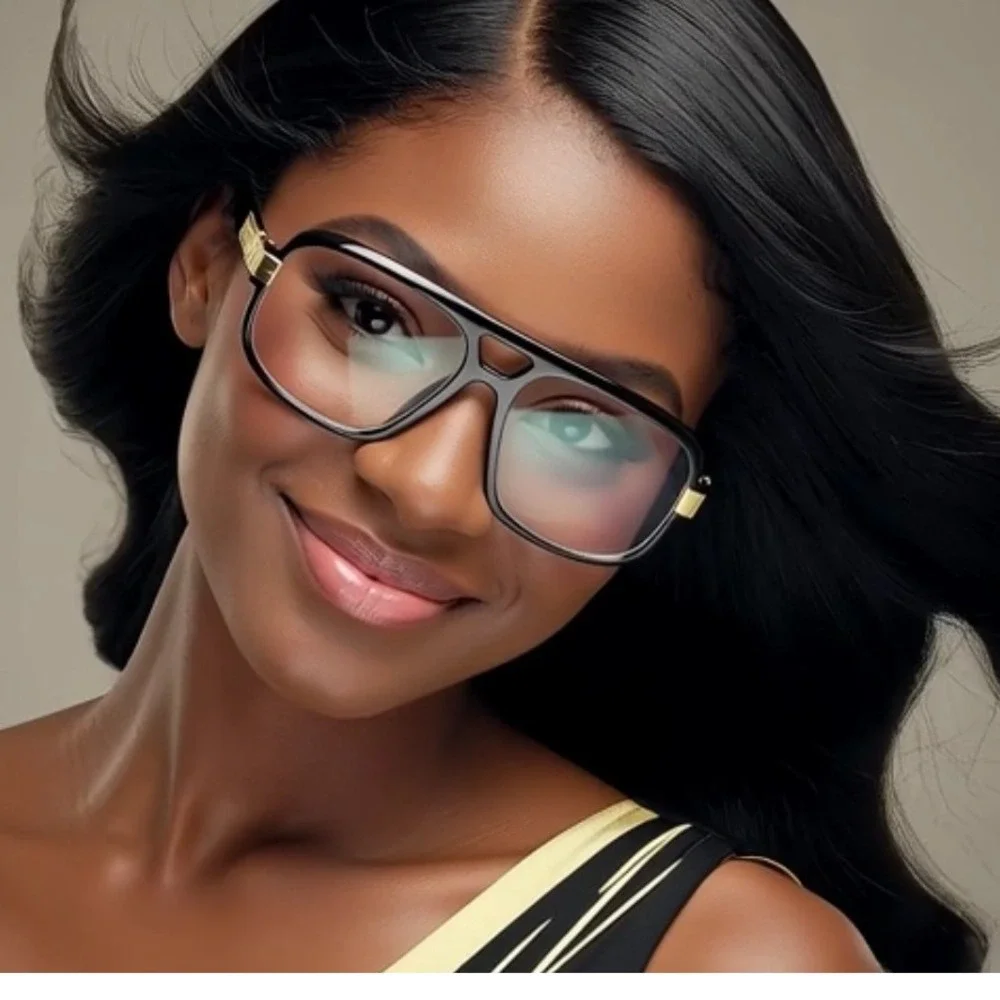 Oversized Aviator Glasses Black Frame Gold Accent Clear Lenses Women Eyewear New